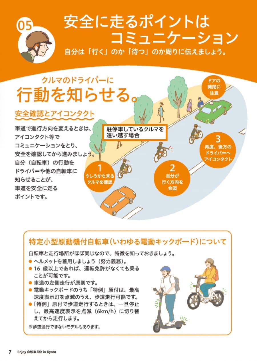 セクション5　安全に走るポイントはコミュニケーション　自分は「行く」のか「待つ」のか周りに伝えましょう。車のドライバーに行動を知らせましょう。「ハンドサインとアイコンタクト」自転車にはウィンカーやブレーキランプがついていません。車道で進行方向を変えるときは、ハンドサインやアイコンタクトでコミュニケーションをとり、安全を確認してから進みましょう。自分（自転車）の行動をドライバーや他の自転車に知らせることが、車道を安全に走るポイントです。ハンドサインの出し方「左折」左手を水平に上げる「右折」右手を水平に上げる「停止右手を下へ下げる」大型車の左右に入らない。大型車（トラックやバス）の死角に入らないよう、また、巻き込みなどに注意しましょう。